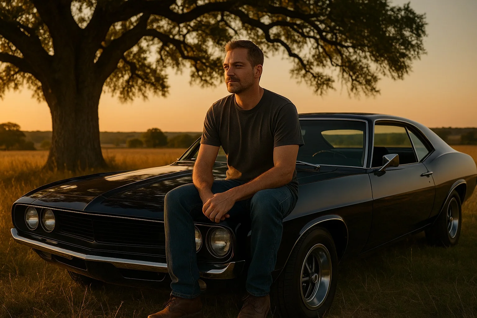 A customer at magic hour, sitting on the hood of the classic car his engine brought back